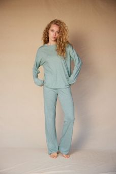 Lilian Cotton Modal Pajama Set, Green Melange- XS